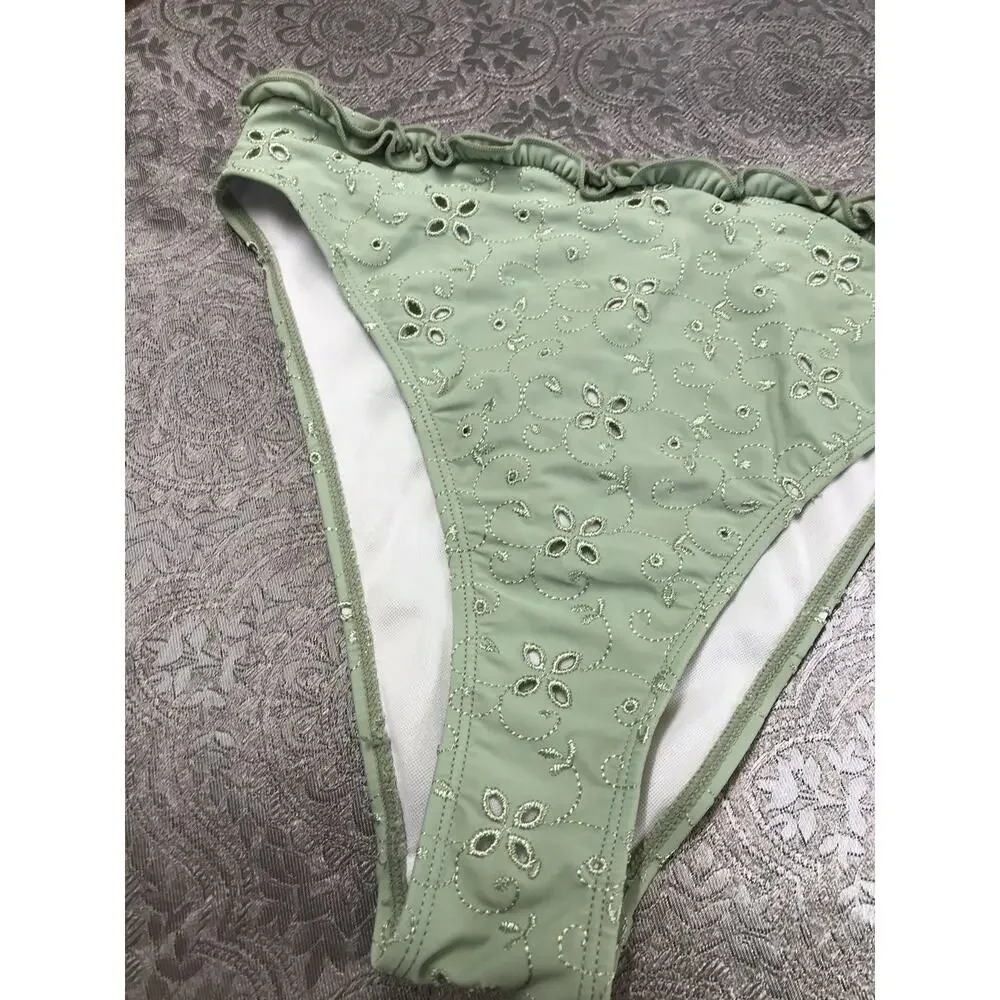 VGT Nasty Gal COLLECTIO Women's 4 Bikini Bottom GREEN EMBROIDERY Cheeky Swimwear